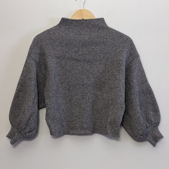 Boxy Mock Neck Balloon Sleeve Cropped Ribbed Knit Sweater - Picture 1 of 8